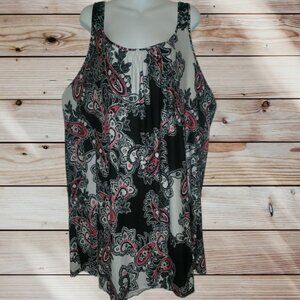 XXL - PLUS SIZE - Black White Pink Paisley Print Nightgown - Lace Racer Back